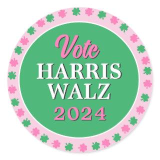 Pink Green Clover 2024 Vote Harris Walz Classic Round Sticker