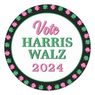 Pink Green Clover 2024 Vote Harris Walz Classic Round Sticker