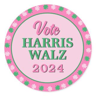 Pink Green Clover 2024 Vote Harris Walz Classic Round Sticker