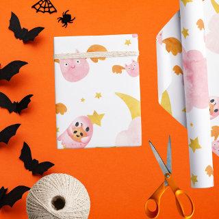 Pink halloween pumpkin ghost and cute bats