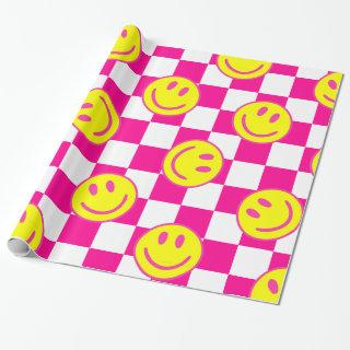 pink happy face check groovy