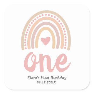 Pink Heart Cute Girl Boho Rainbow First Birthday Square Sticker