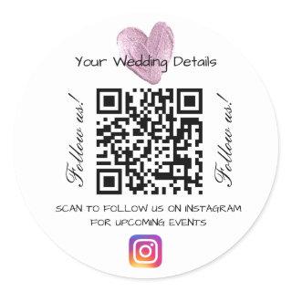 Pink heart glitter wedding qr code scan instagram  classic round sticker