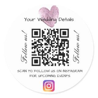 Pink heart glitter wedding qr code scan instagram  classic round sticker