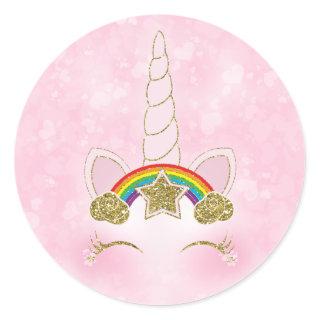 Pink Hearts Gold Rainbow Star Unicorn Horn Face Classic Round Sticker