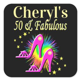 PINK HIGH HEELS PERSONALIZED 50TH BIRTHDAY SQUARE STICKER