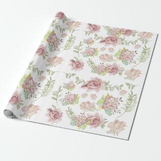 Pink Hydrangea Floral Watercolor Blush Roses Sage