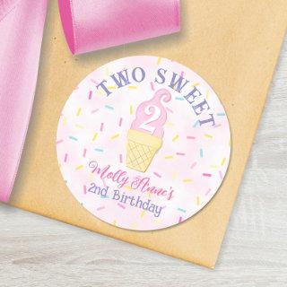 Pink Ice Cream Cone TWO SWEET 2nd Birthday Girl Classic Round Sticker