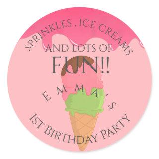Pink Ice Cream Themed Girl's First Birthday Party Classic Round Sticker