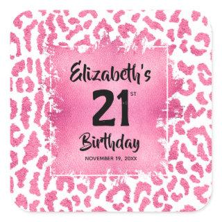 Pink Leopard Print 21st Birthday Personalized Square Sticker