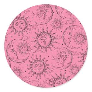 Pink Magic Vintage Celestial Sun Moon Stars Classic Round Sticker