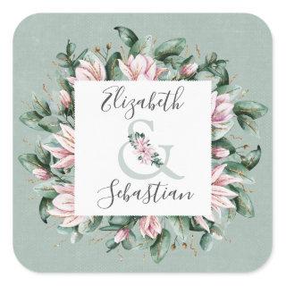Pink magnolia, leaves and gold details square sticker