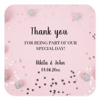 Pink minimal calligraphy couple wedding thank you  square sticker