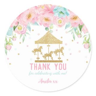 Pink Mint Floral Carousel Birthday Thank You Favor Classic Round Sticker