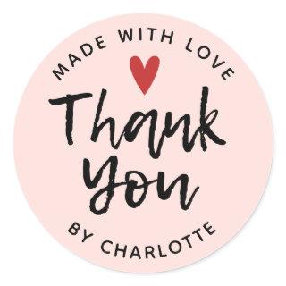 Pink Modern Thank You Script Handmade With Love Classic Round Sticker