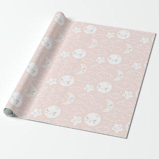 Pink Moon Stars And Clouds Baby Shower Pattern