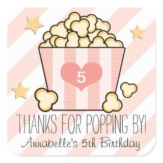 Pink Movie Popcorn Thank You Birthday Party Favor Square Sticker