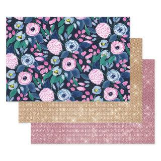 Pink Navy Blue Floral Bouquet Watercolor Pattern  Sheets