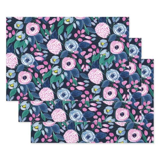 Pink Navy Blue Floral Bouquet Watercolor Pattern  Sheets
