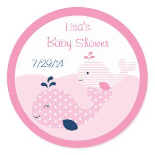 Pink & Navy Whale Baby Shower Classic Round Sticker