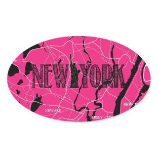 Pink New York Map Oval Sticker