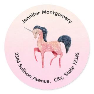 Pink Nordic Unicorn with Black Mane Address Classic Round Sticker