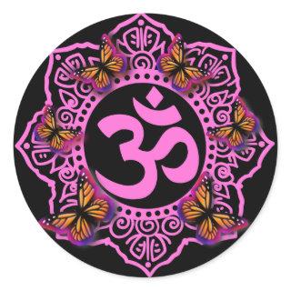 Pink ohm mandala design with Monarch butterflies Classic Round Sticker