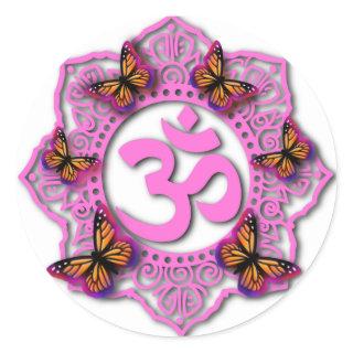 Pink ohm mandala design with Monarch butterflies Classic Round Sticker