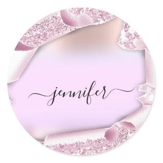 Pink Ombre Glitter Pink Rose Name Bridal Sweet16th Classic Round Sticker