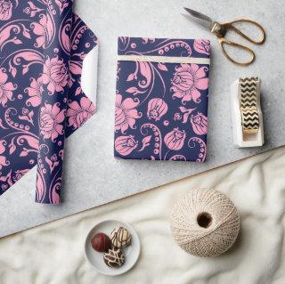 Pink on dark blue floral damasks pattern