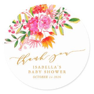 Pink Orange Floral Custom Baby Shower Thank You Classic Round Sticker