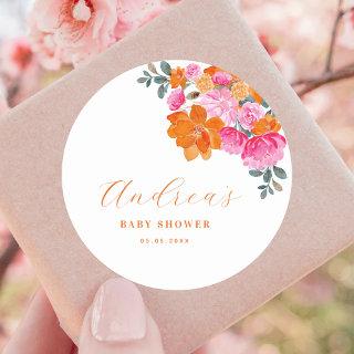 Pink & Orange Vibrant Summer Floral Baby Shower  Classic Round Sticker