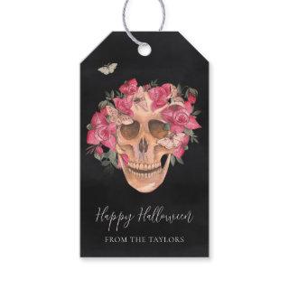Pink Orchid Floral Skull Personalized Halloween Gift Tags