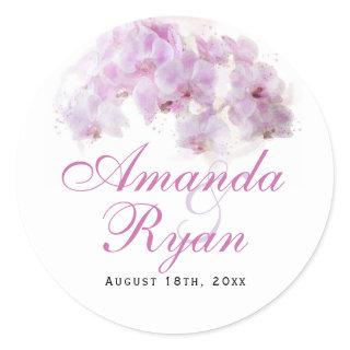 Pink Orchid Watercolor Flower Floral Wedding Classic Round Sticker