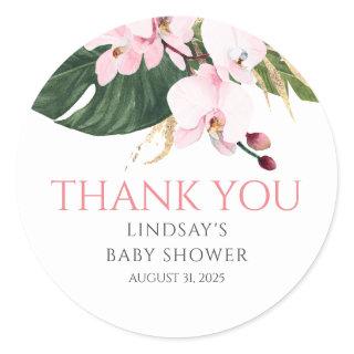 Pink Orchids And Palm Leaves Gold Thank You Classic Round Sticker