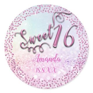 Pink Pastel Ombre Sweet 16th  Round Glitter Sparky Classic Round Sticker