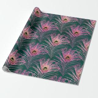 Pink Peacock Feathers on Green