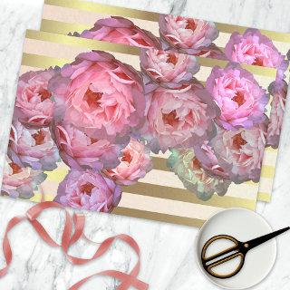Pink Peonies On Gold Horizontal Stripes Decoupage Tissue Paper