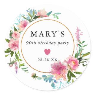 Pink Peony 90th Birthday Party Favor Classic Round Sticker