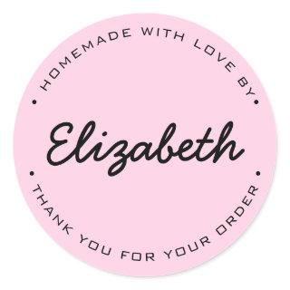 Pink Personalized Homemade with Love Thank you Classic Round Sticker