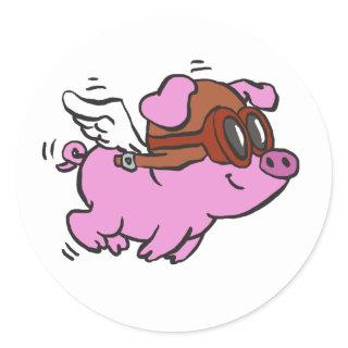 Pink pig flying cartoon | choose background color classic round sticker