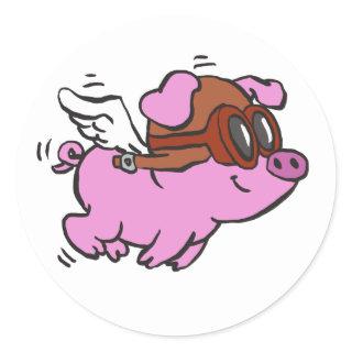 Pink pig flying cartoon | choose background color classic round sticker