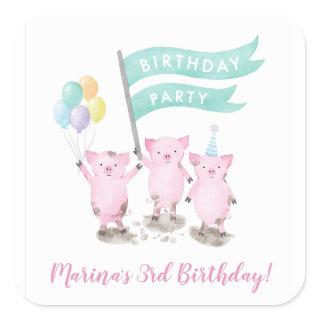 Pink Piggy Kids Birthday Square Sticker
