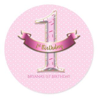 Pink Polka Dots & Banner ONE 1st 1 Birthday Party Classic Round Sticker