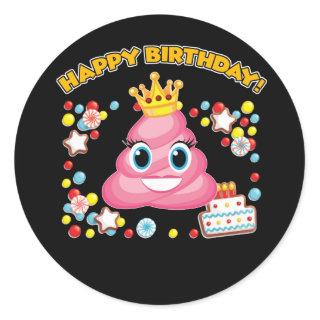 Pink Poop Emoji Happy Birthday Girls Classic Round Sticker
