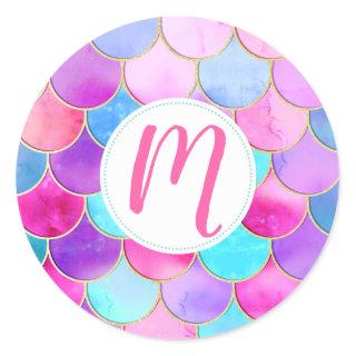 Pink, Purple and Aqua Mermaid Scale Pattern Classic Round Sticker