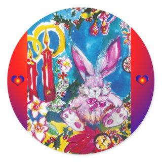 PINK RABBIT,CHRISTMAS CANDLES AND HOLLYBERRIES CLASSIC ROUND STICKER