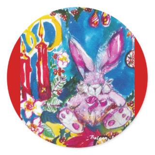 PINK RABBIT,CHRISTMAS CANDLES AND HOLLYBERRIES CLASSIC ROUND STICKER