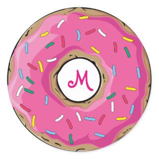 Pink Rainbow Sprinkle Donut Custom Monogram Classic Round Sticker