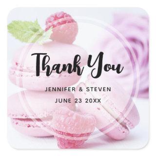 Pink Raspberry Macarons French Pastry Thank You Square Sticker